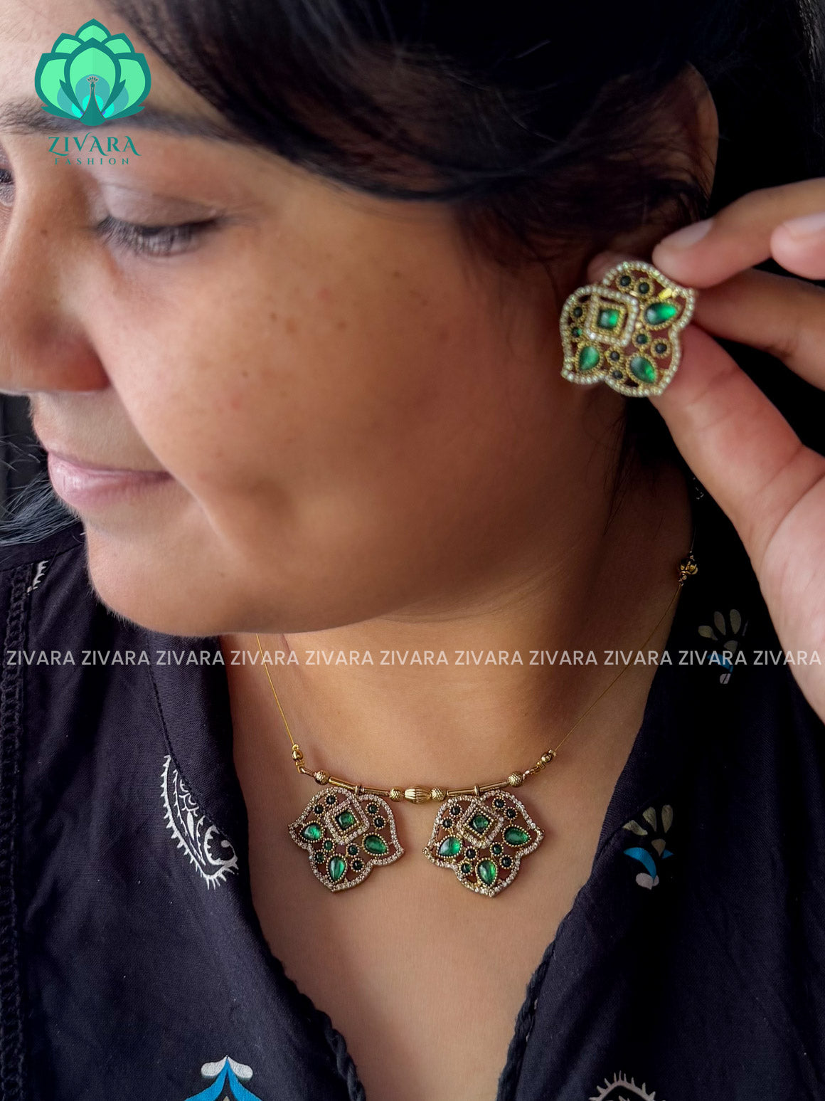GREEN LEAFY TAMARA - MOTIF FREE INVISIBLE MINIMAL ELEGANT HANDMADE NECKLACE WITH BRILLIANT FINISH MOTIFS- ZIVARA FASHION