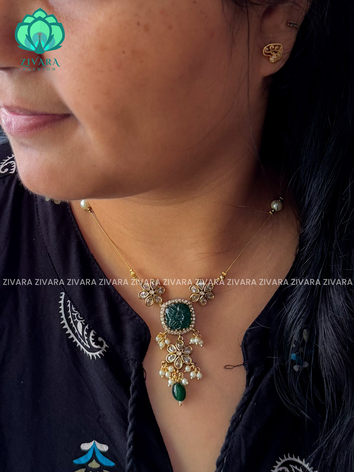 GREEN- PUMPKIN PENDANT  -TAMARA INVISIBLE MINIMAL ELEGANT HANDMADE NECKLACE WITH BRILLIANT FINISH MOTIFS- ZIVARA FASHION