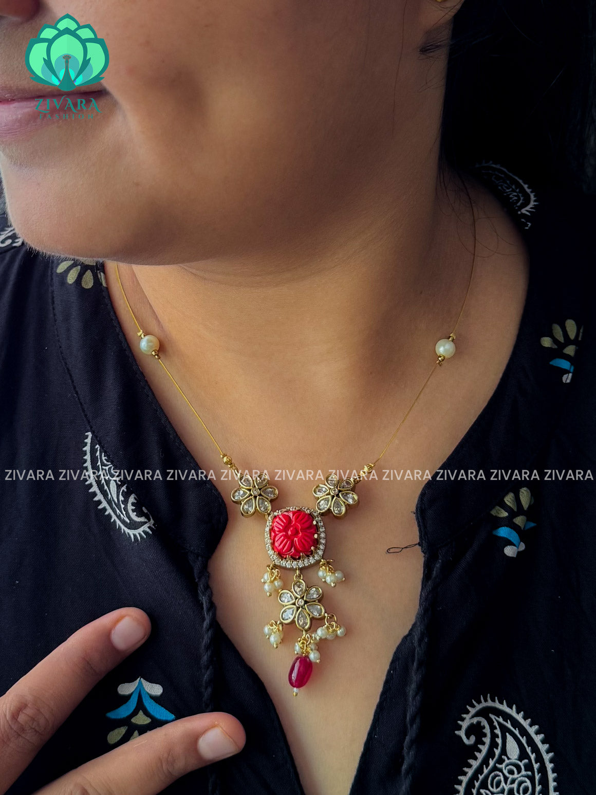 CORAL- PUMPKIN PENDANT  -TAMARA INVISIBLE MINIMAL ELEGANT HANDMADE NECKLACE WITH BRILLIANT FINISH MOTIFS- ZIVARA FASHION