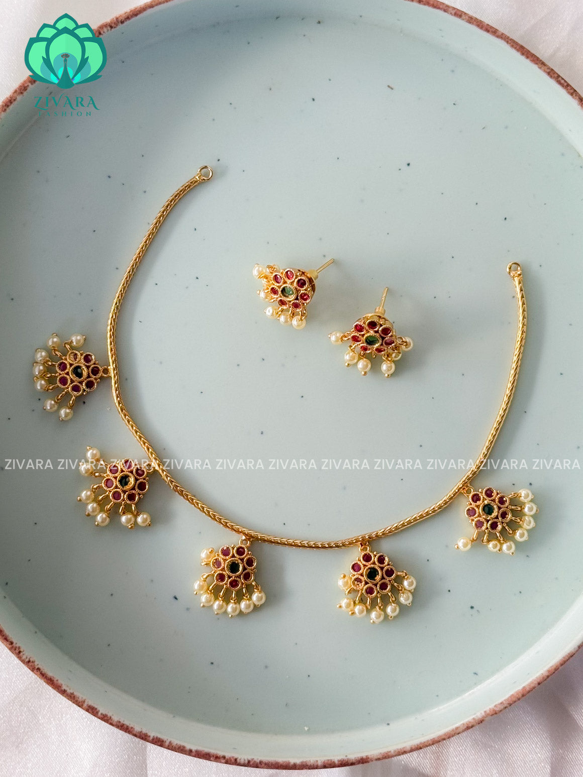 RUBY & GREEN ATTIGAI - FLEXIBLE CHAIN WITH STUDS -Traditional south indian premium neckwear with earrings- Zivara Fashion- latest jewellery design