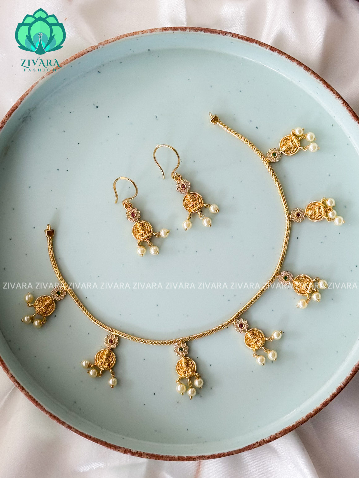 RUBY GREEN & WHITE LAKSHMI ATTIGAI - FLEXIBLE CHAIN WITH HANGINGS -Traditional south indian premium neckwear with earrings- Zivara Fashion- latest jewellery design
