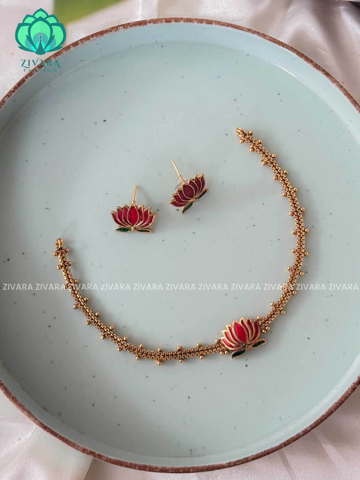 MANJU WARRIER  inspired Trending NORMAL MATTE lotus enamel neckwear with earrings- Zivara Fashion- latest jewellery design