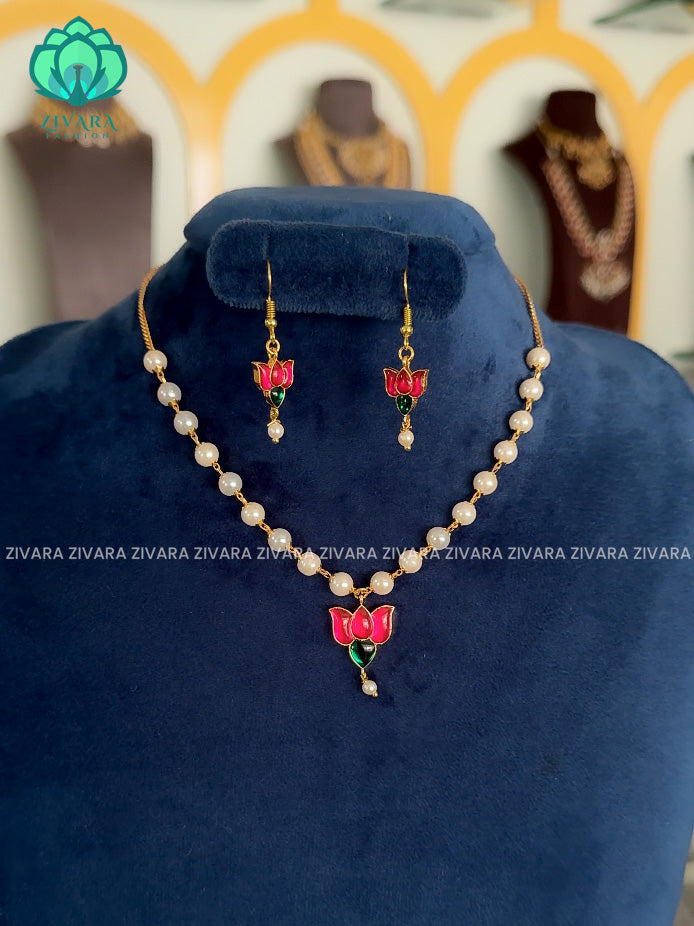 Lotus - pearl chain and earrings set - TAMARA-  HANDMADE NECKLACE WITH BRILLIANT FINISH MOTIFS-best return gift option-  ZIVARA FASHION