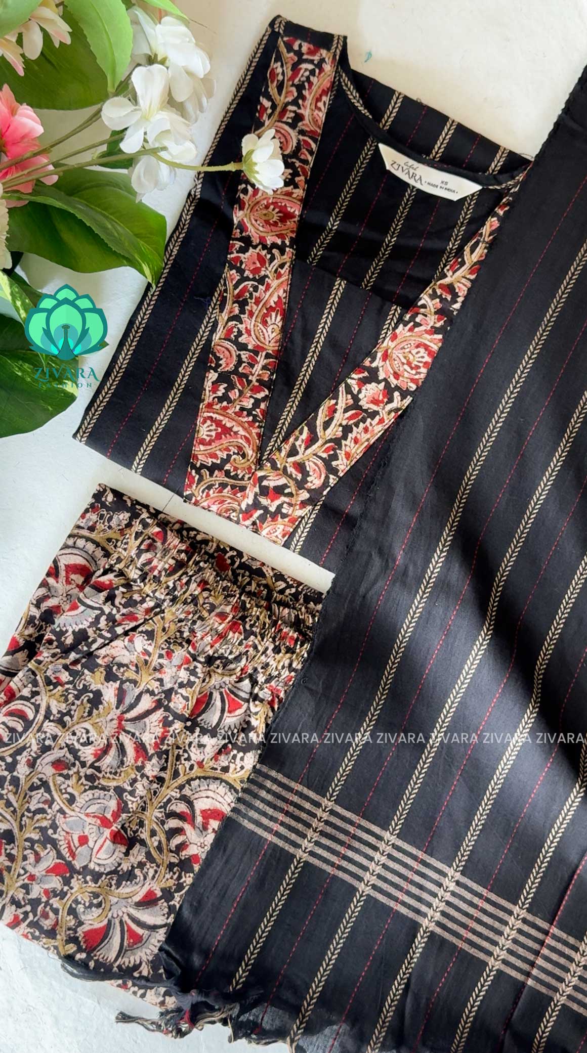MADHI -BLACK KALAMKARI - HANDLOOM COTTON- SALWAR SUIT WITH DUPATTA - LABEL ZIVARA