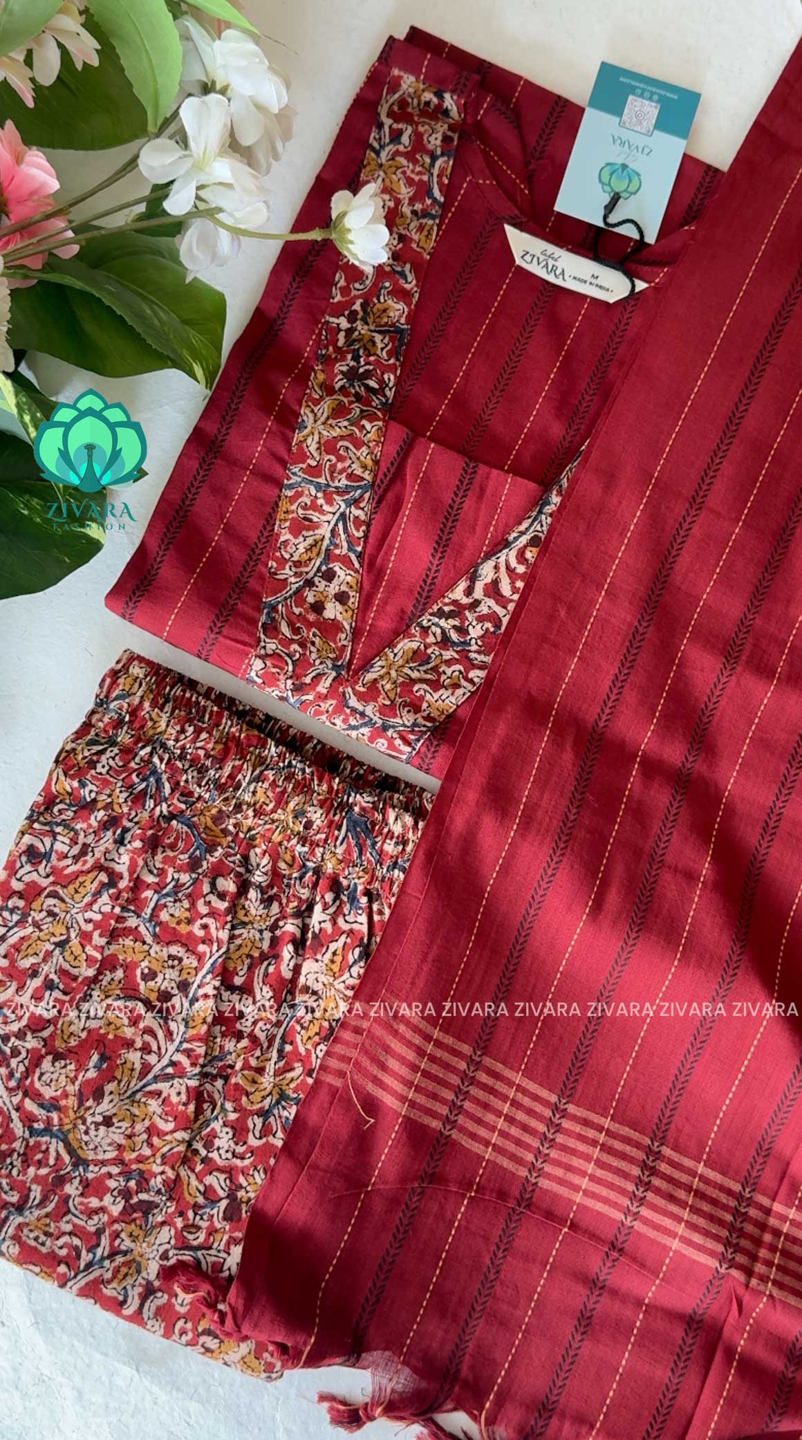 MADHI -MAROON KALAMKARI - HANDLOOM COTTON- SALWAR SUIT WITH DUPATTA - LABEL ZIVARA