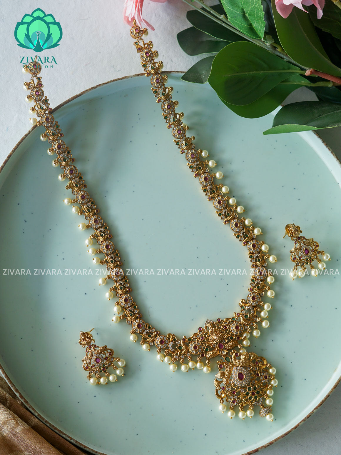 TEMPLE BRIDAL - Traditional PREMIUM MATTE polish MIDCHEST haaram/neckwear with earrings- Zivara Fashion