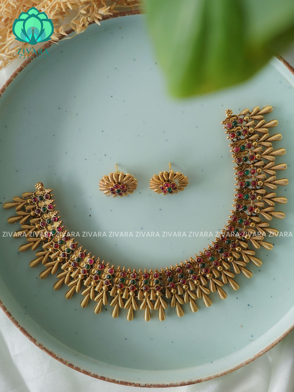 Traditional south indian NORMAL MATTE neckwear with earrings- Zivara Fashion- latest jewellery desigN