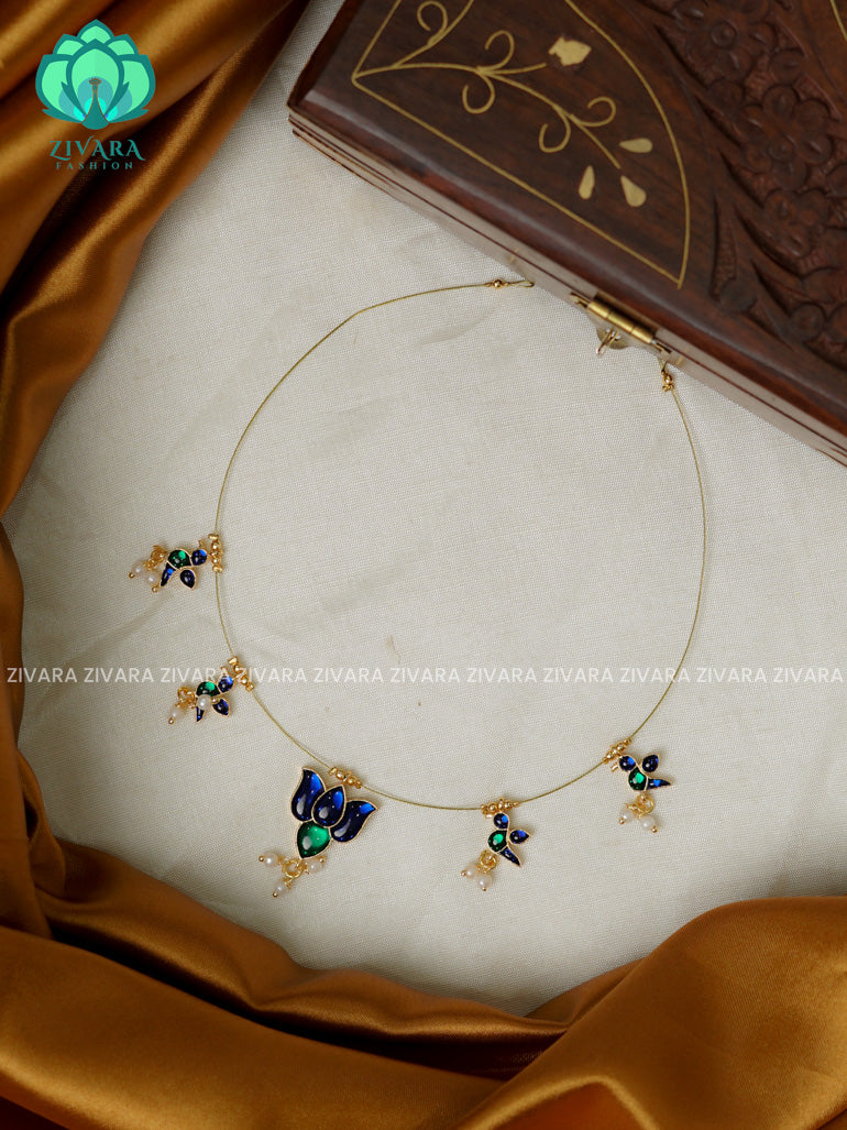BLUE AND GREEN  - TAMARA- LOTUS AND PARROT INVISIBLE MINIMAL ELEGANT HANDMADE NECKLACE WITH BRILLIANT FINISH MOTIFS- ZIVARA FASHION