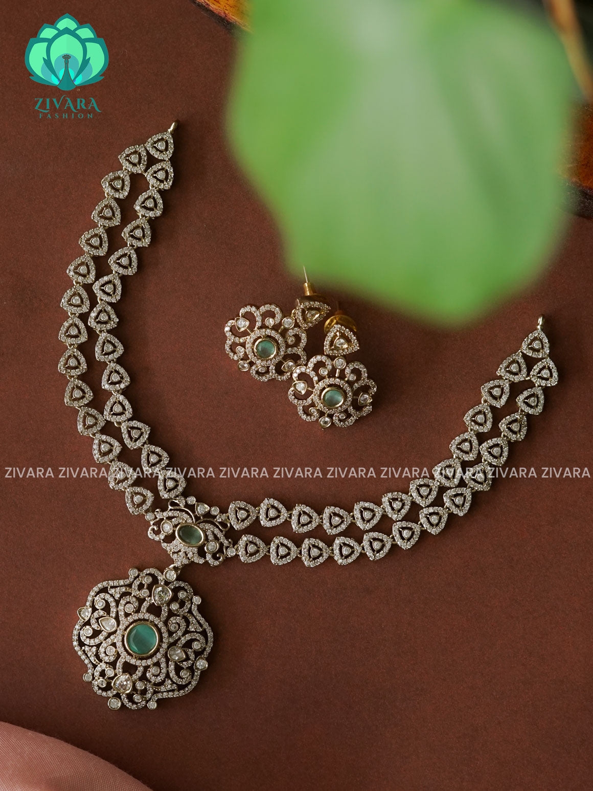 PASTEL Green -SMALLER SIZE MOTIFS  step triangle - Ultra premium victoria finish dark polish trending neckwear collection- bridal collection- Zivara Fashion
