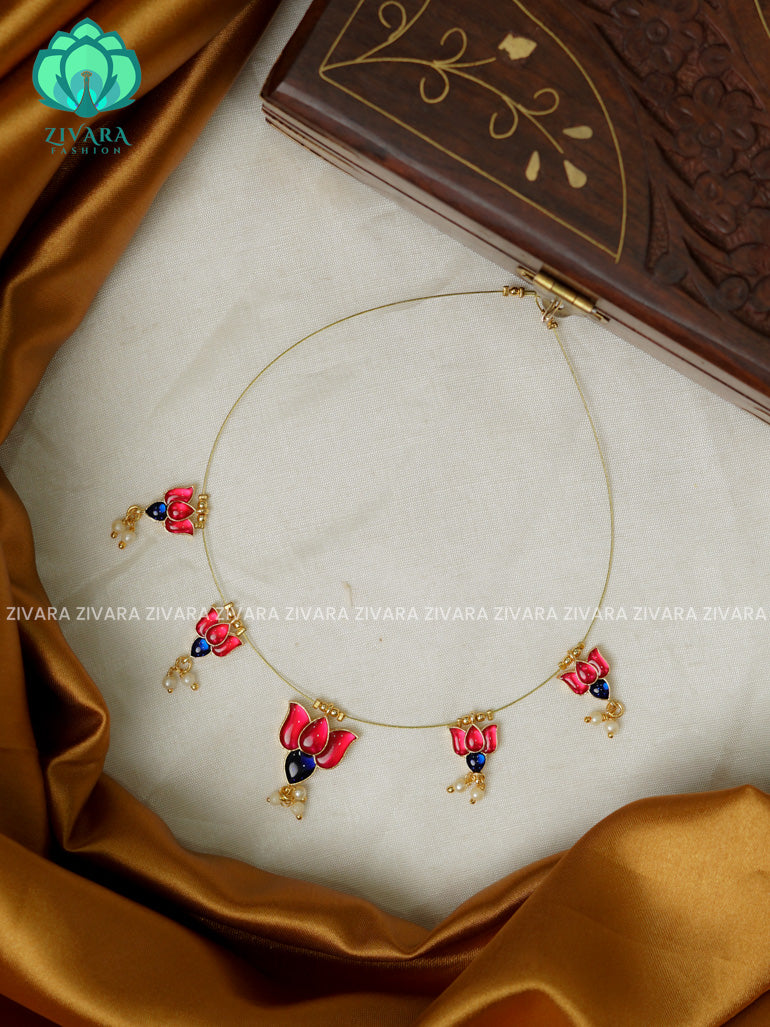 PINK AND BLUE - TAMARA- SMALL AND BIG LOTUS INVISIBLE MINIMAL ELEGANT HANDMADE NECKLACE WITH BRILLIANT FINISH MOTIFS- ZIVARA FASHION