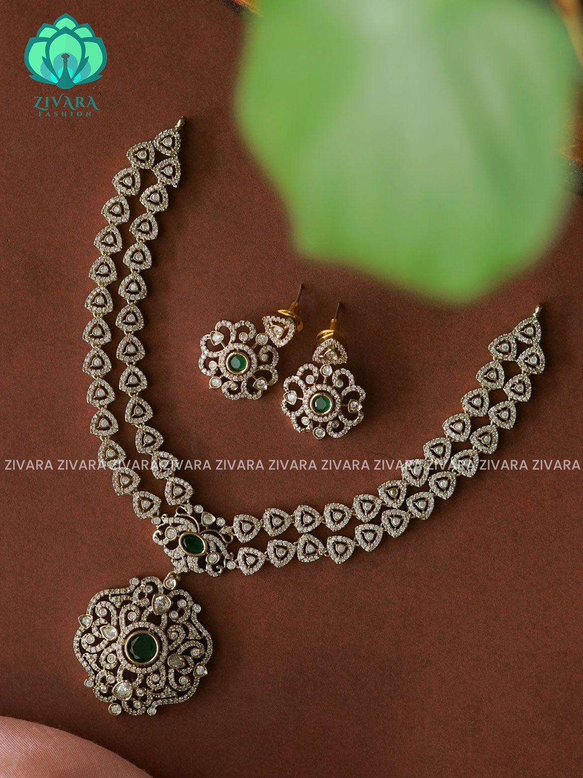 Green -SMALLER SIZE MOTIFS  step triangle - Ultra premium victoria finish dark polish trending neckwear collection- bridal collection- Zivara Fashion