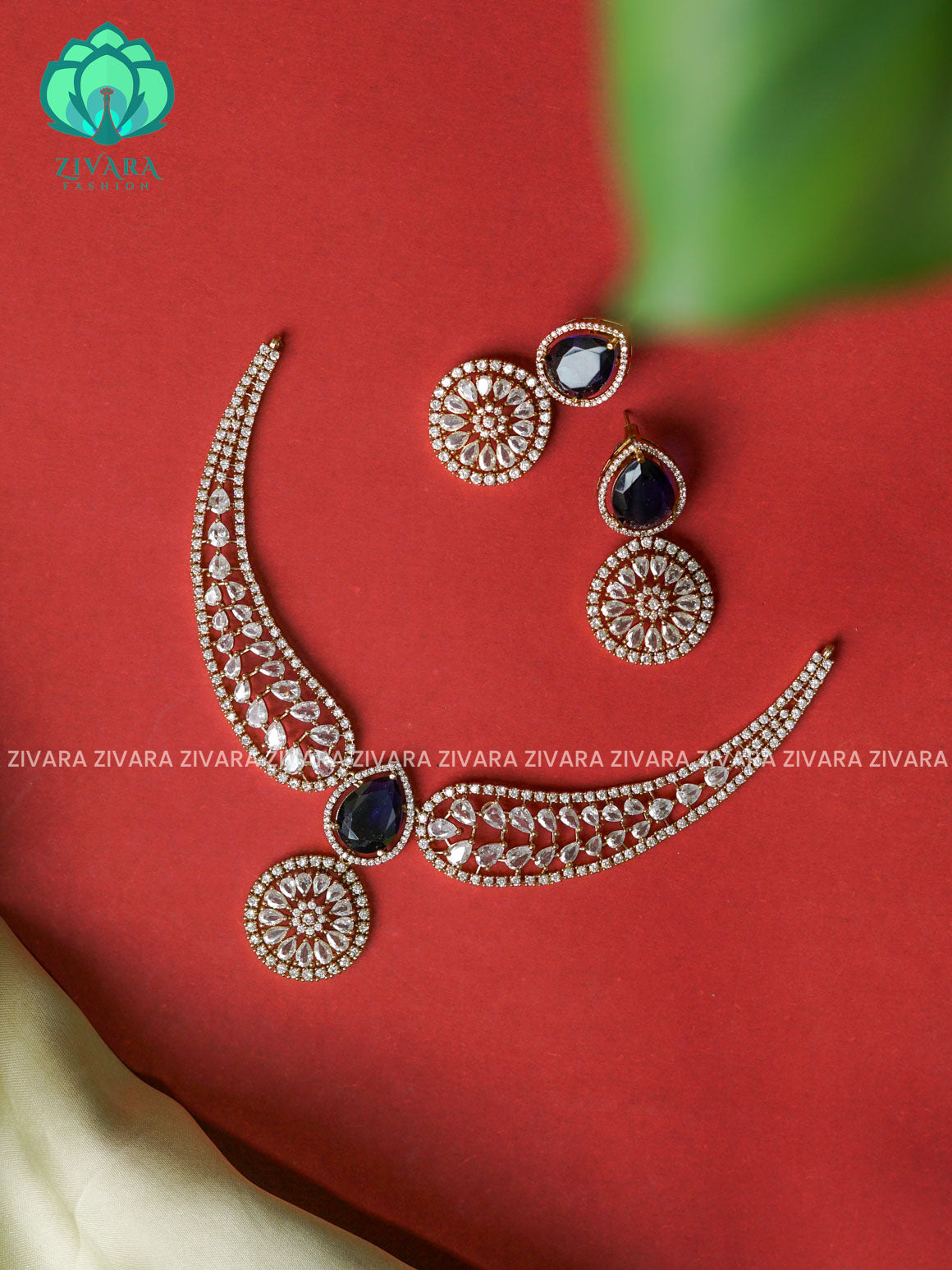 BLUE  -  Bridal stone -TEAR PENDANT  - Ultra premium victoria finish dark polish trending neckwear collection- bridal collection- Zivara FashioN