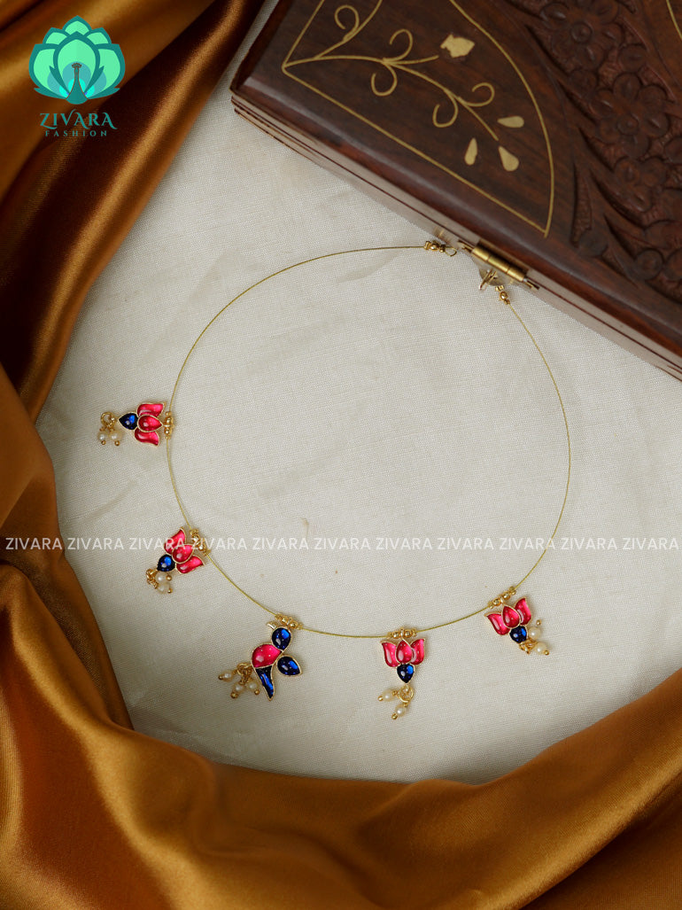 PINK AND BLUE - TAMARA- PARROT AND LOTUS INVISIBLE MINIMAL ELEGANT HANDMADE NECKLACE WITH BRILLIANT FINISH MOTIFS- ZIVARA FASHION