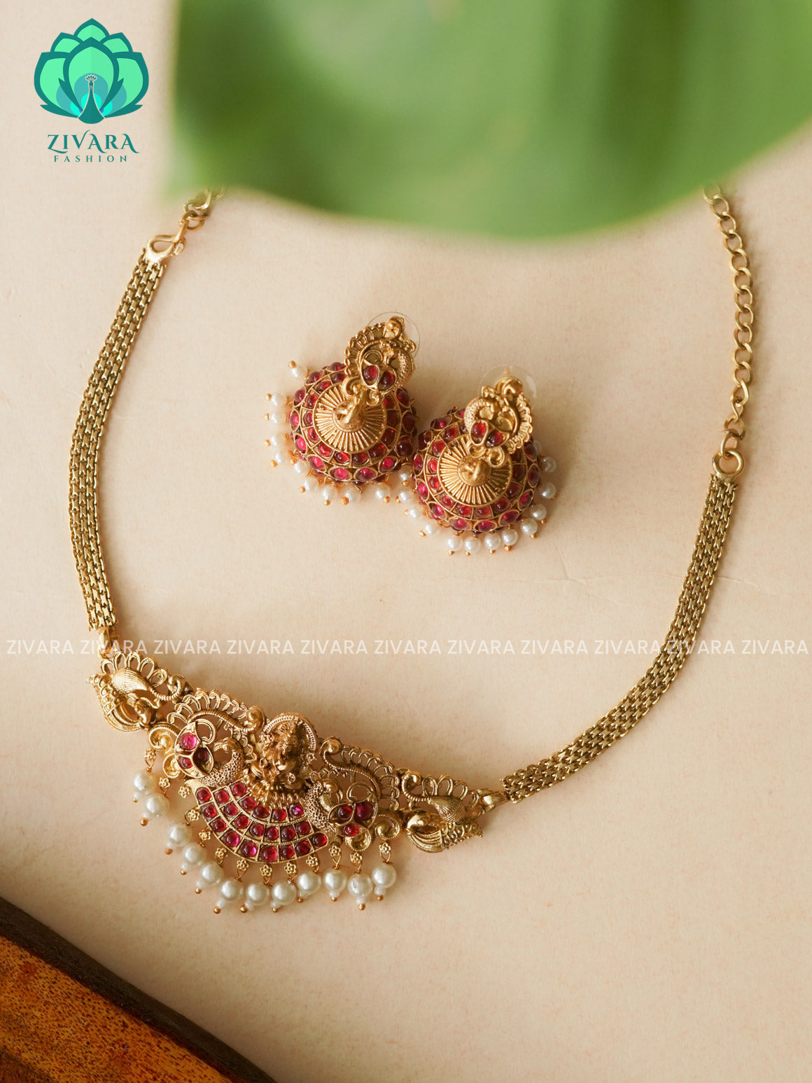 Ruby - Small size normal matte temple choker with earrings-latest south indian jewellery