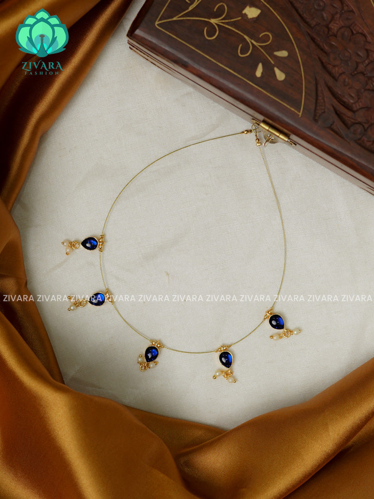 BLUE - TAMARA- RAINDROP INVISIBLE MINIMAL ELEGANT HANDMADE NECKLACE WITH BRILLIANT FINISH MOTIFS- ZIVARA FASHION
