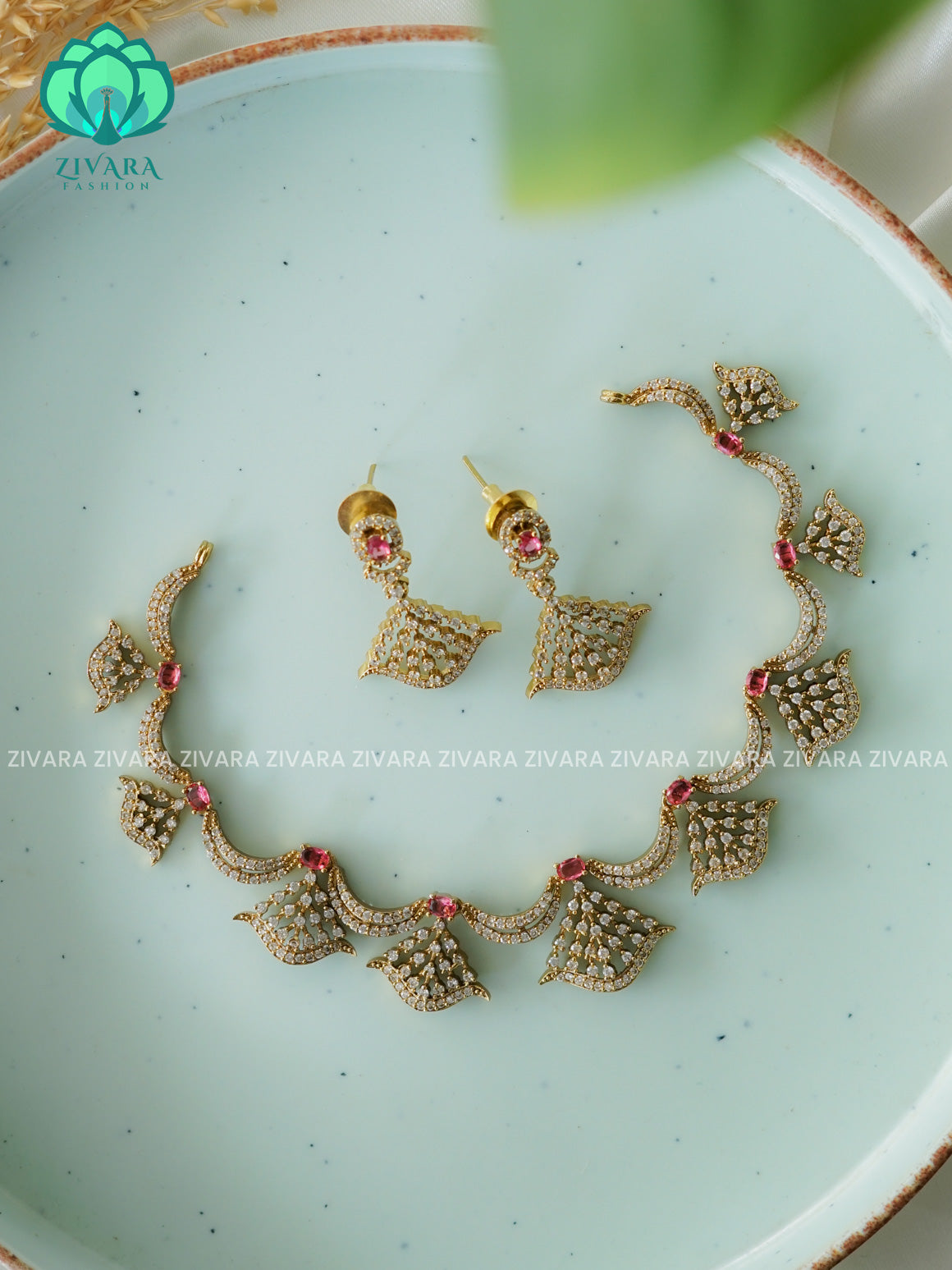 RUBY LEAFY WHITE SMALL SIZE KIDS FRIENDLY  - stylish and minimal elegant neckwear with earrings- Zivara FashioN