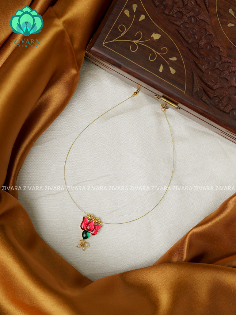 PINK AND GREEN  - TAMARA- SINGLE LOTUS  INVISIBLE MINIMAL ELEGANT HANDMADE NECKLACE WITH BRILLIANT FINISH MOTIFS- ZIVARA FASHION