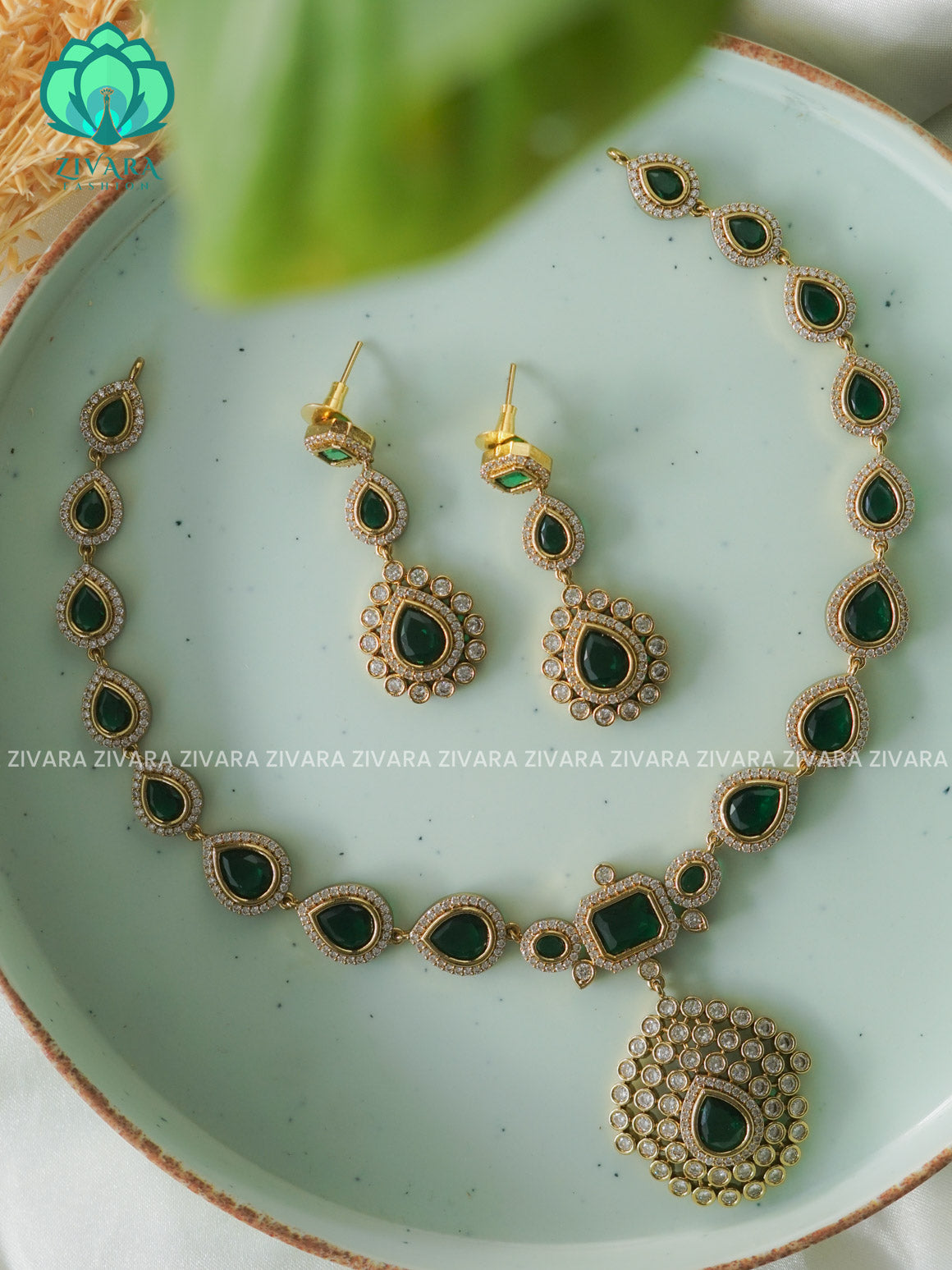 JYOTHIKA INSPIRED GREEN TEAR  - stylish and minimal elegant neckwear with earrings- Zivara Fashion