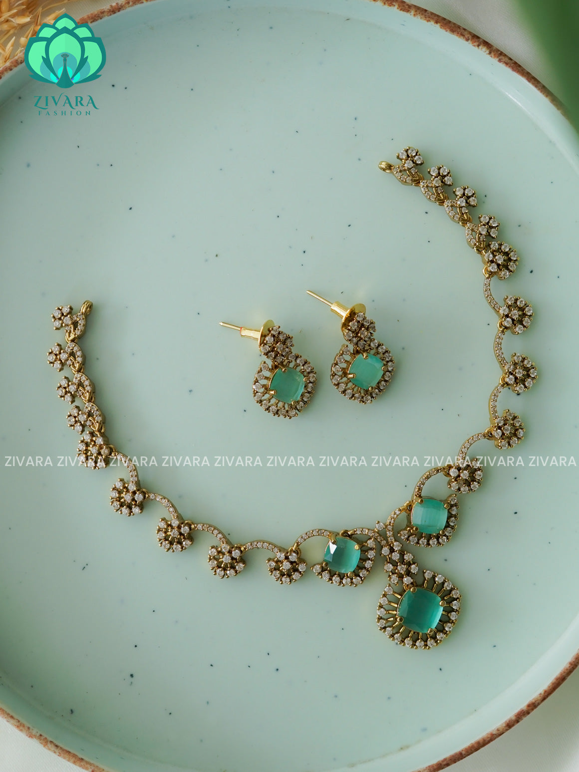 MINT STONE AD MOTIF FREE TEAR- SUBTLE POLISH stylish and minimal elegant neckwear with earrings- Zivara Fashion