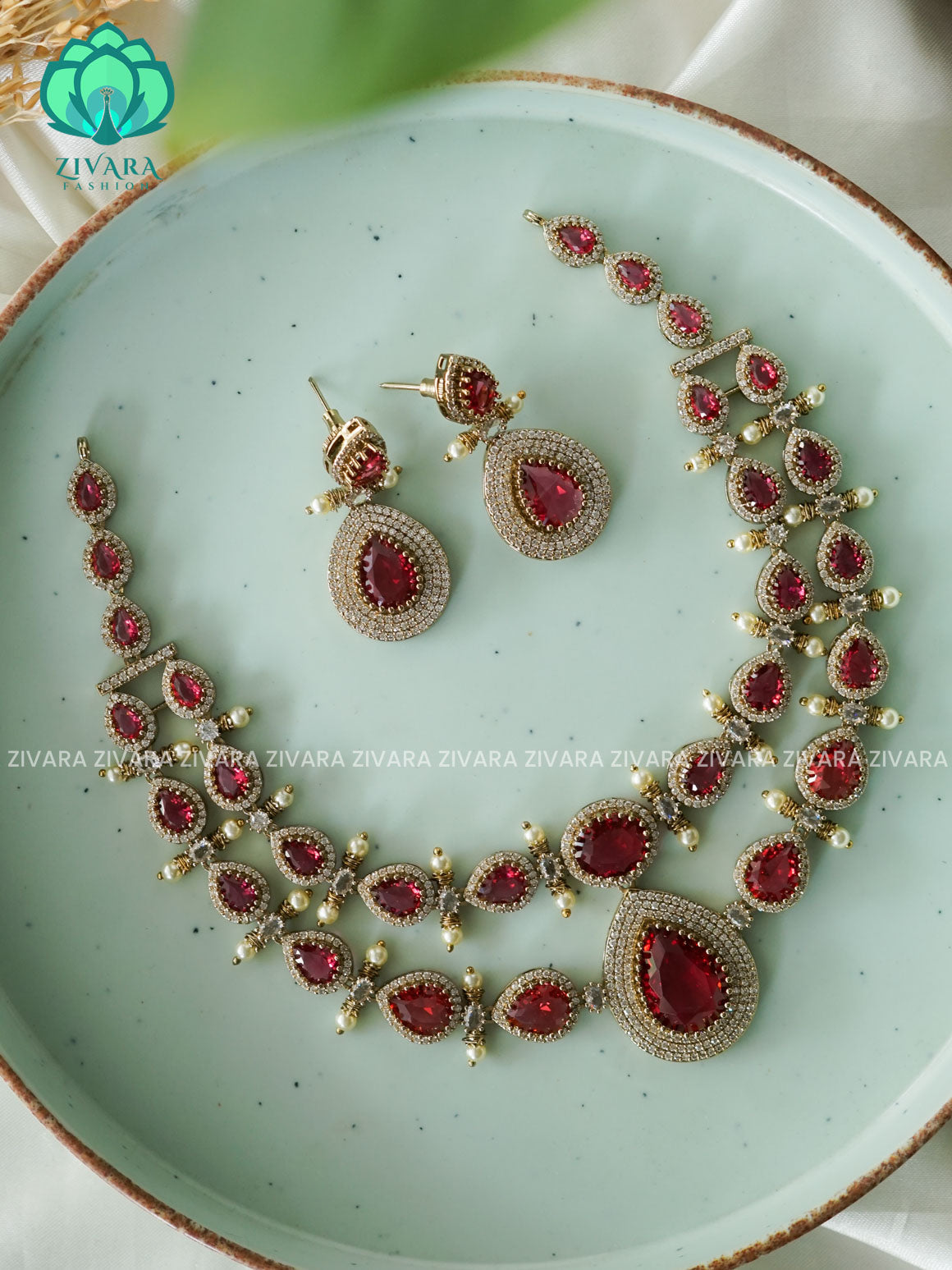 RUBY  - TEAR  - Ultra premium victoria finish polish trending neckwear collection- bridal collection- Zivara Fashion