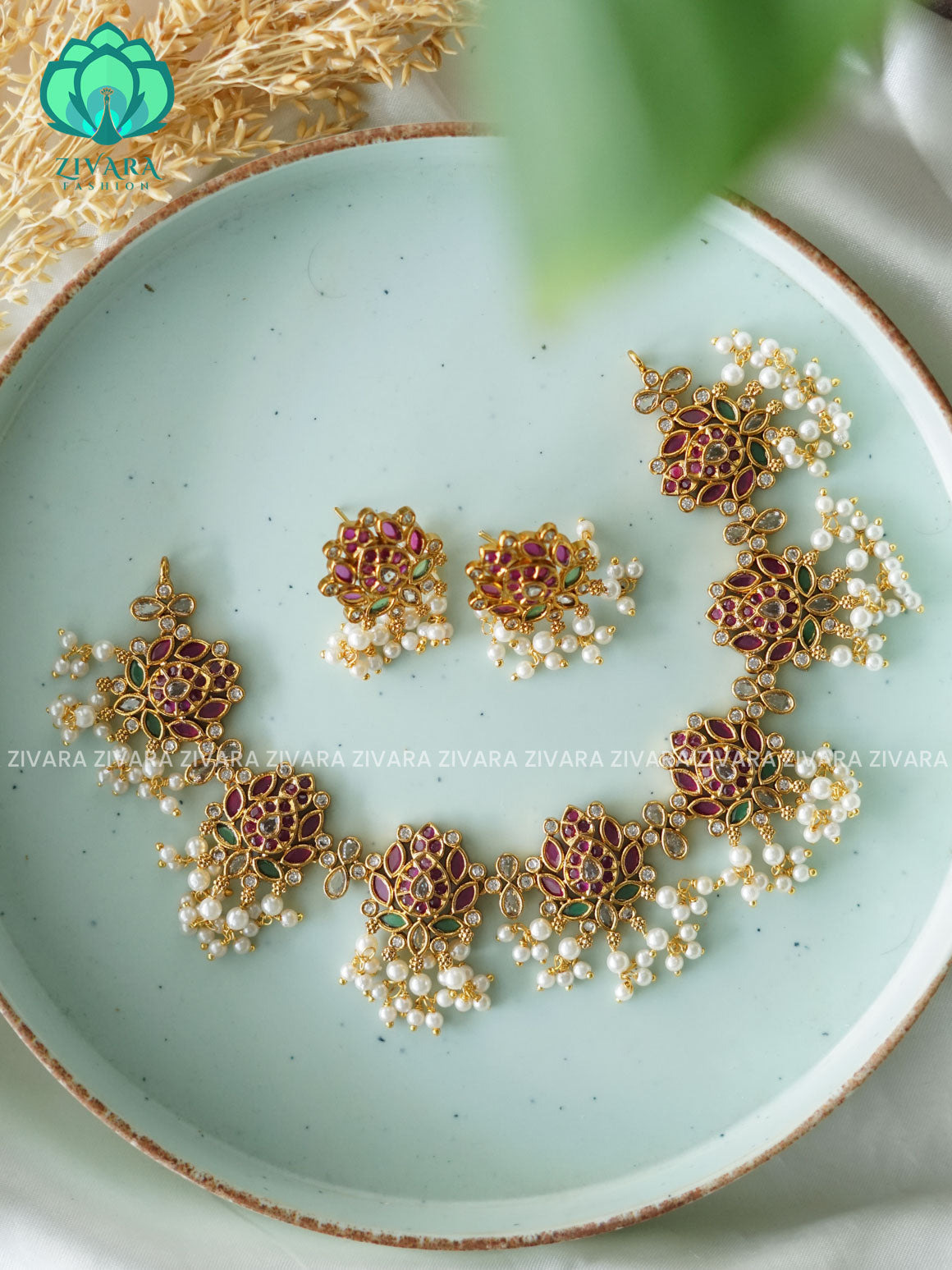 Evergreen Lotus  -Traditional south indian premium neckwear with earrings- Zivara Fashion- latest jewellery design