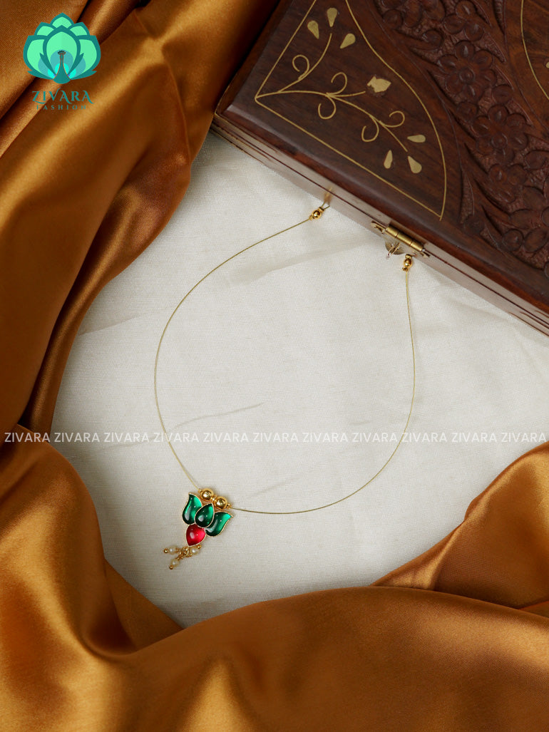 GREEN AND PINK -TAMARA- SINGLE LOTUS  INVISIBLE MINIMAL ELEGANT HANDMADE NECKLACE WITH BRILLIANT FINISH MOTIFS- ZIVARA FASHION