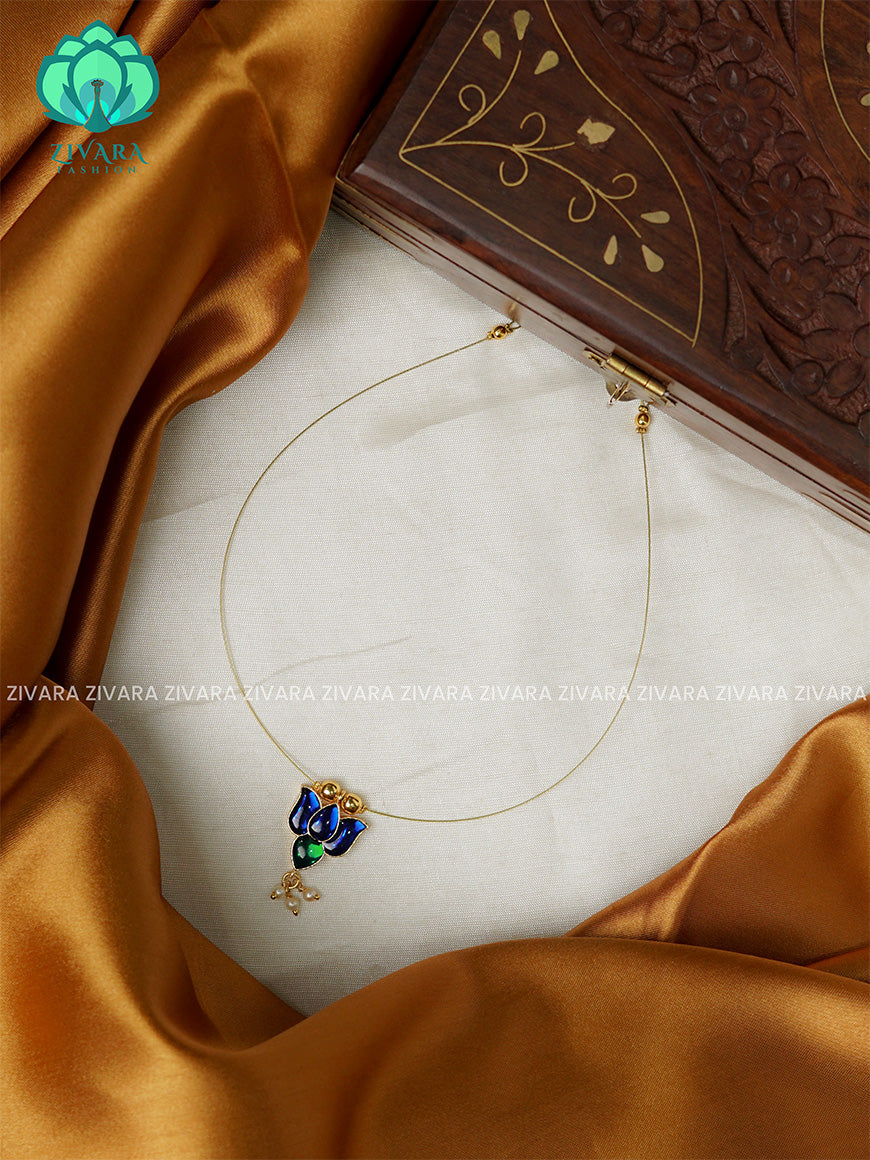 BLUE AND GREEN  - TAMARA- SINGLE LOTUS  INVISIBLE MINIMAL ELEGANT HANDMADE NECKLACE WITH BRILLIANT FINISH MOTIFS- ZIVARA FASHION