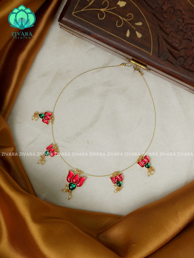 PINK AND GREEN - TAMARA- SMALL AND BIG LOTUS INVISIBLE MINIMAL ELEGANT HANDMADE NECKLACE WITH BRILLIANT FINISH MOTIFS- ZIVARA FASHION