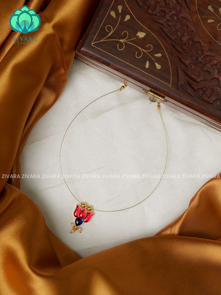 PINK AND BLUE  - TAMARA- SINGLE LOTUS  INVISIBLE MINIMAL ELEGANT HANDMADE NECKLACE WITH BRILLIANT FINISH MOTIFS- ZIVARA FASHION