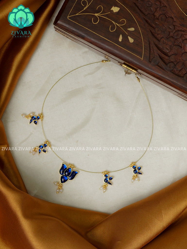 BLUE  - TAMARA- LOTUS AND PARROT INVISIBLE MINIMAL ELEGANT HANDMADE NECKLACE WITH BRILLIANT FINISH MOTIFS- ZIVARA FASHION