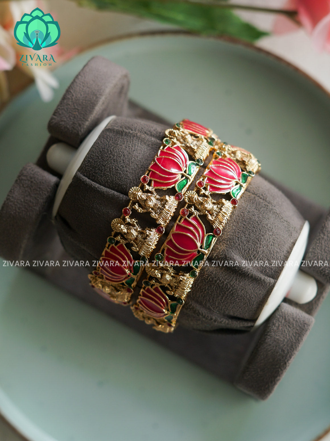 MANJU WARRIER PINK GREEN LAKSHMI ENAMEL LOTUS - 2 PIECE - NORMAL MATTE FINISH bangles - latest jewellery collection- Zivara Fashion