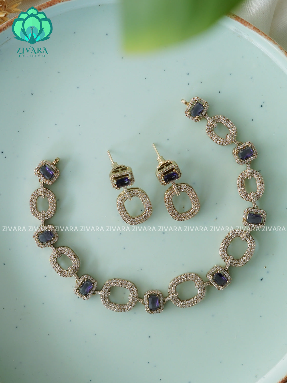 PURPLE - OVAL SEMI BRIDAL SUBTLE GOLD FINISH  - stylish and minimal elegant neckwear with earrings- Zivara FashioN