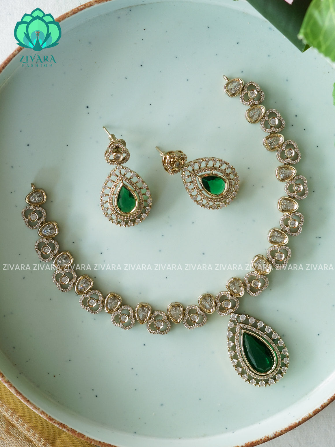 GREEN - TEAR  - SUBTLE POLISH stylish and minimal elegant neckwear with earrings- Zivara Fashion