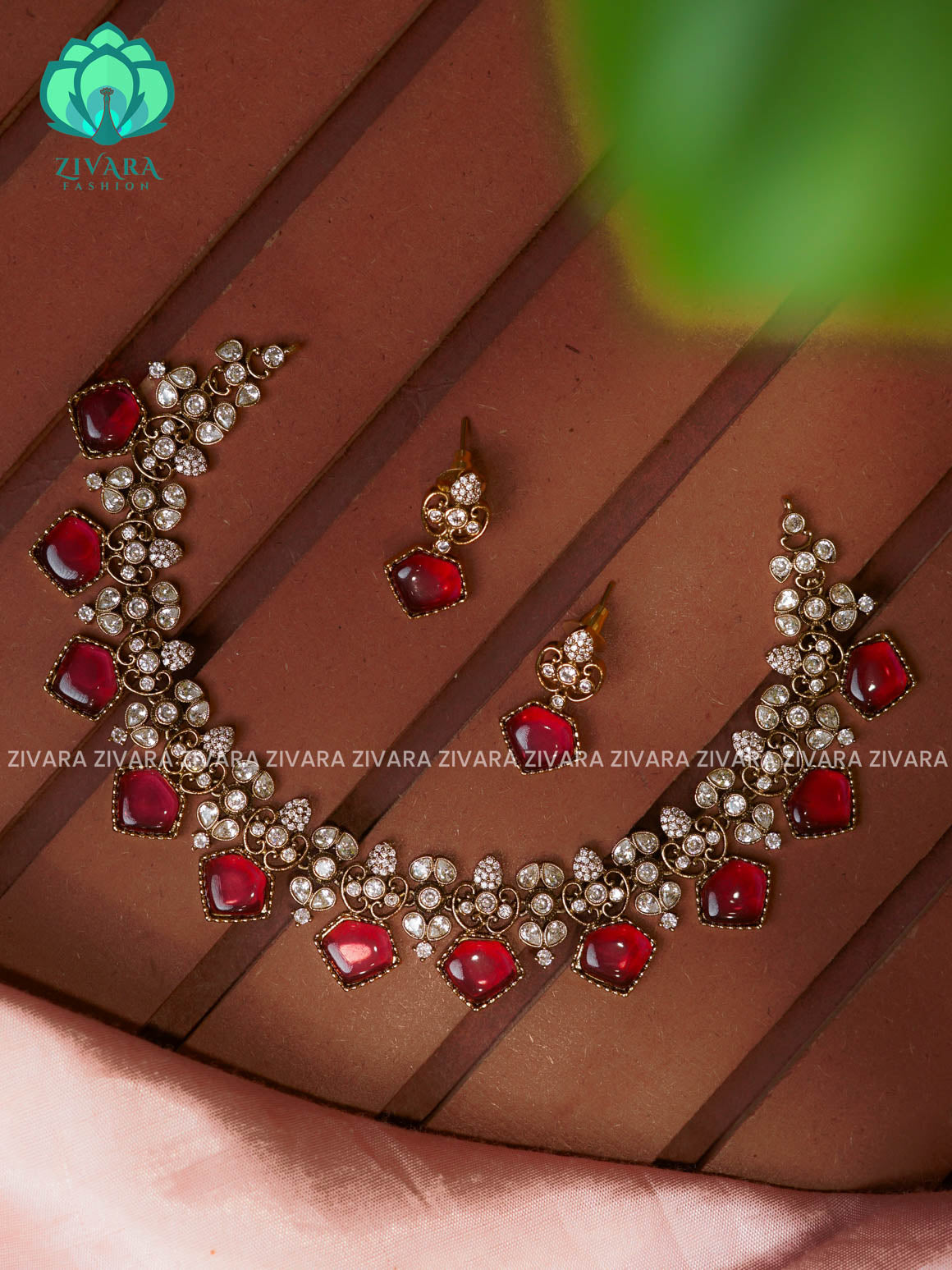RUBY SUBTLE POLISH NECK WEAR WITh EARRINGS   - Premium quality CZ Matte collection-south indian jewellery
