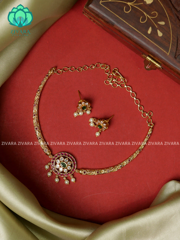 Ruby and green REAL KEMP PENDANT - TRADITIONAL HASLI  -Traditional south indian premium neckwear with earrings- Zivara Fashion- latest jewellery design.