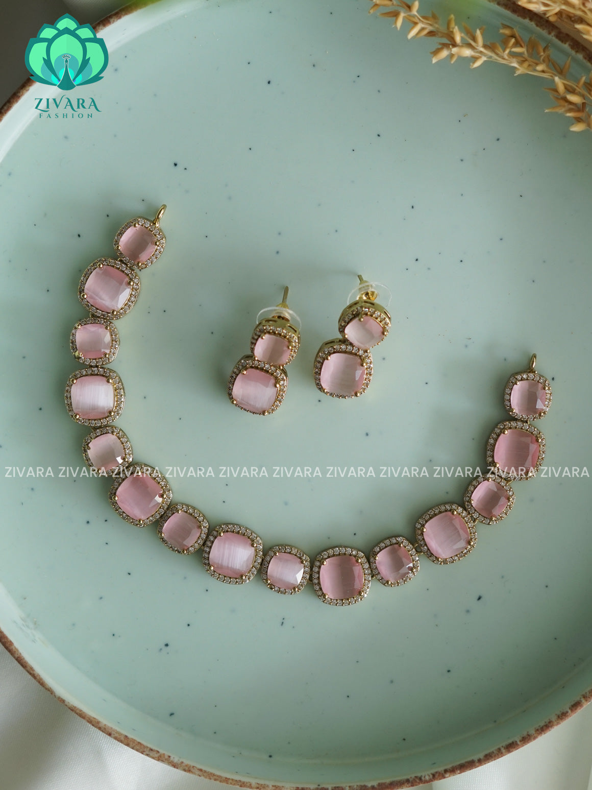 PINK stone square  - stylish and minimal elegant neckwear with earrings- Zivara Fashion