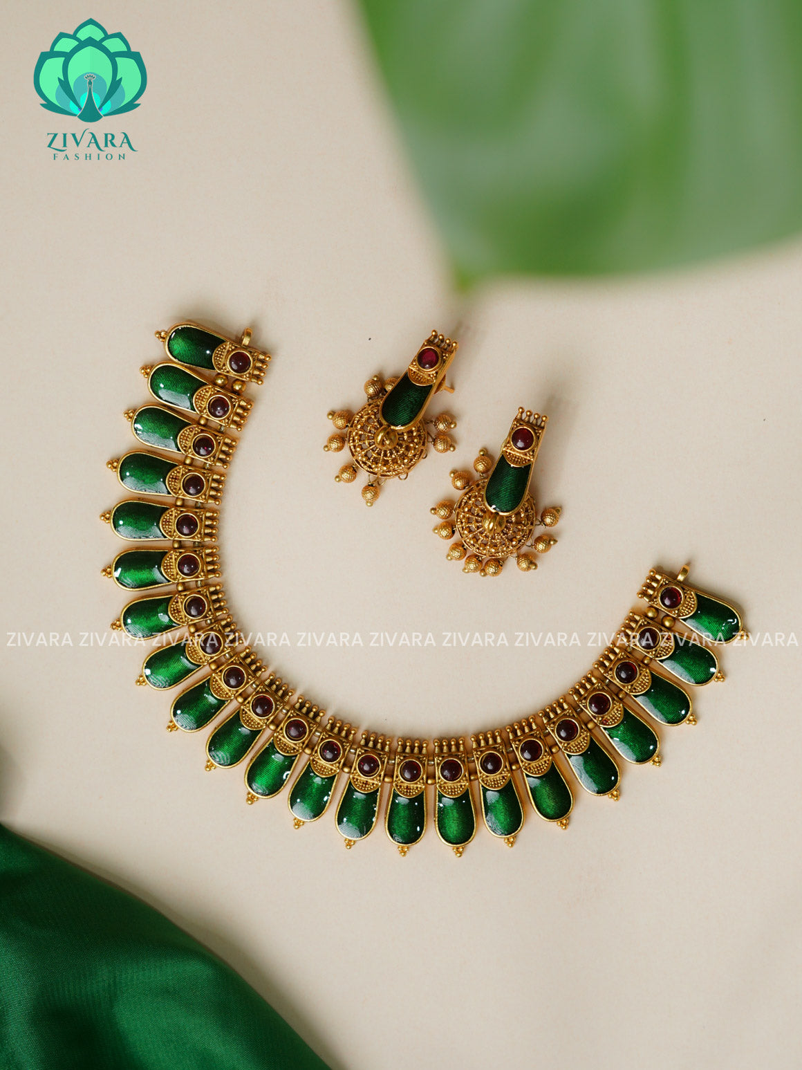 GREEN ENAMEL - Traditional south indian NORMAL MATTE PALLAKAD neckwear with earrings- Zivara Fashion- latest jewellery design