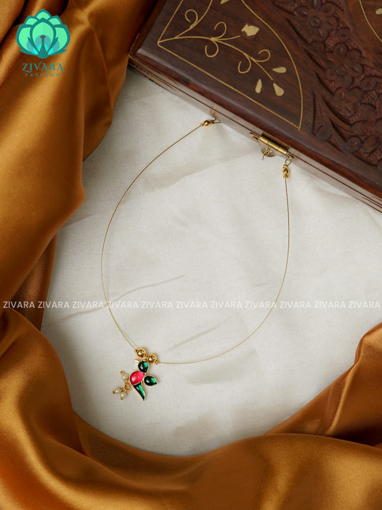 GREEN AND PINK  - TAMARA- SINGLE PARROT  INVISIBLE MINIMAL ELEGANT HANDMADE NECKLACE WITH BRILLIANT FINISH MOTIFS- ZIVARA FASHION