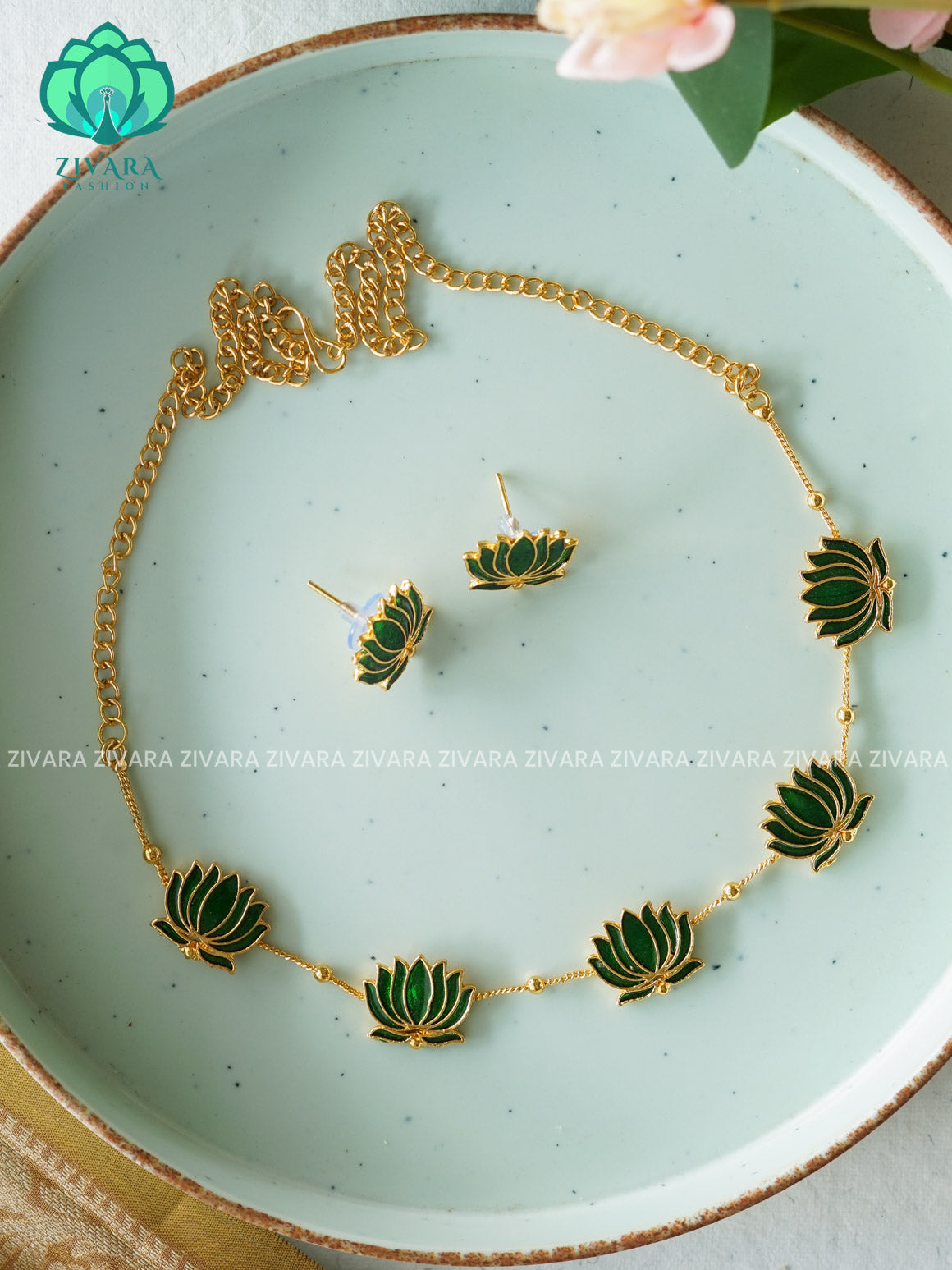 MANJU WARRIER  inspired GREEN Trending NORMAL MATTE lotus enamel neckwear with earrings- Zivara Fashion- latest jewellery design