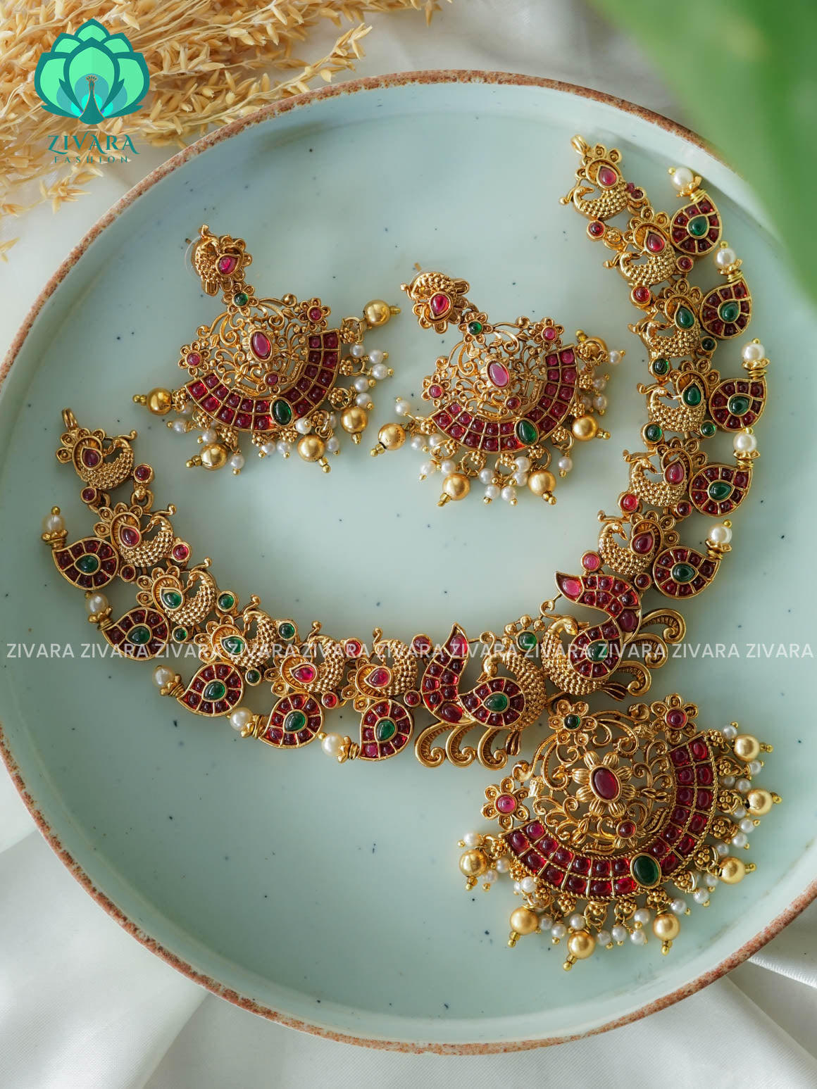 TEMPLE HEAVY BRIDAL    - Traditional south indian NORMAL MATTE neckwear with earrings- Zivara Fashion- latest jewellery design