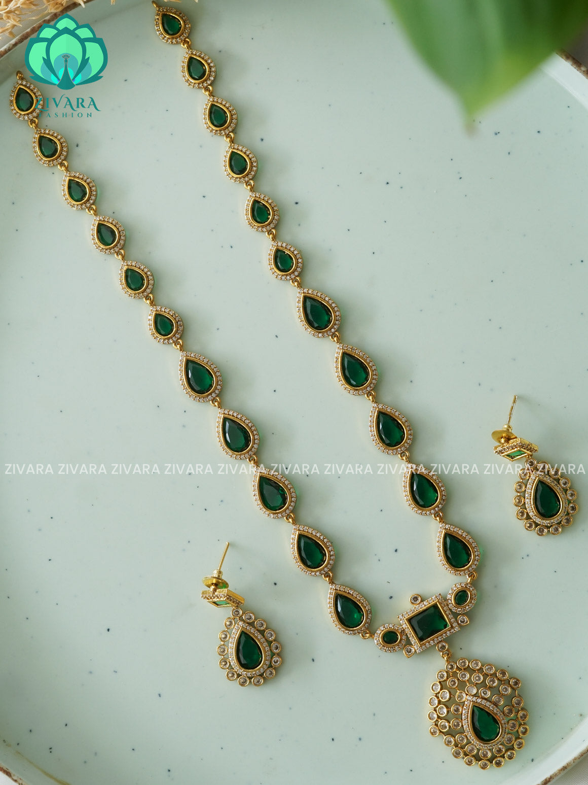 GREEN JYOTHIKA INSPIRED (9.5 INCHES) - Traditional PREMIUM MATTE polish haaram/neckwear with earrings- Zivara Fashion