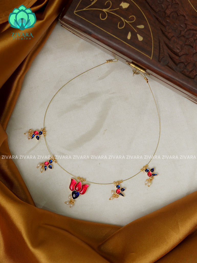 PINK AND BLUE - TAMARA- LOTUS AND PARROT INVISIBLE MINIMAL ELEGANT HANDMADE NECKLACE WITH BRILLIANT FINISH MOTIFS- ZIVARA FASHION