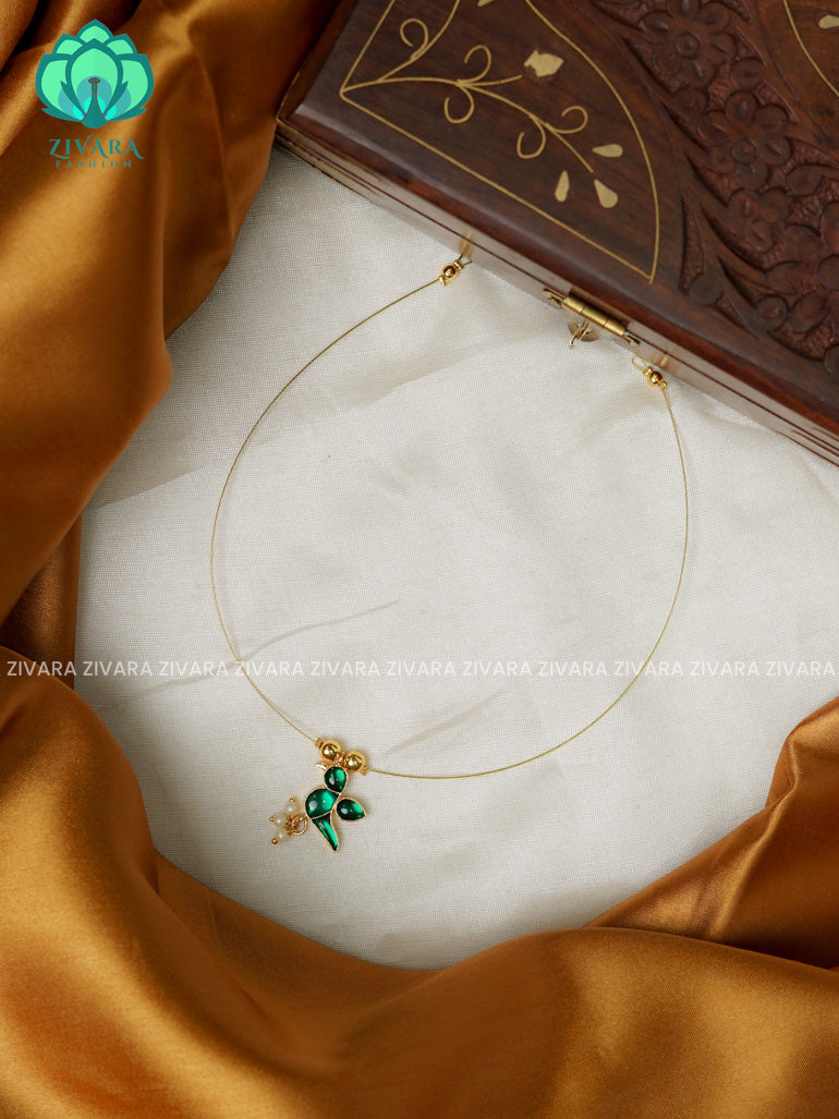 GREEN  - TAMARA- SINGLE PARROT  INVISIBLE MINIMAL ELEGANT HANDMADE NECKLACE WITH BRILLIANT FINISH MOTIFS- ZIVARA FASHION