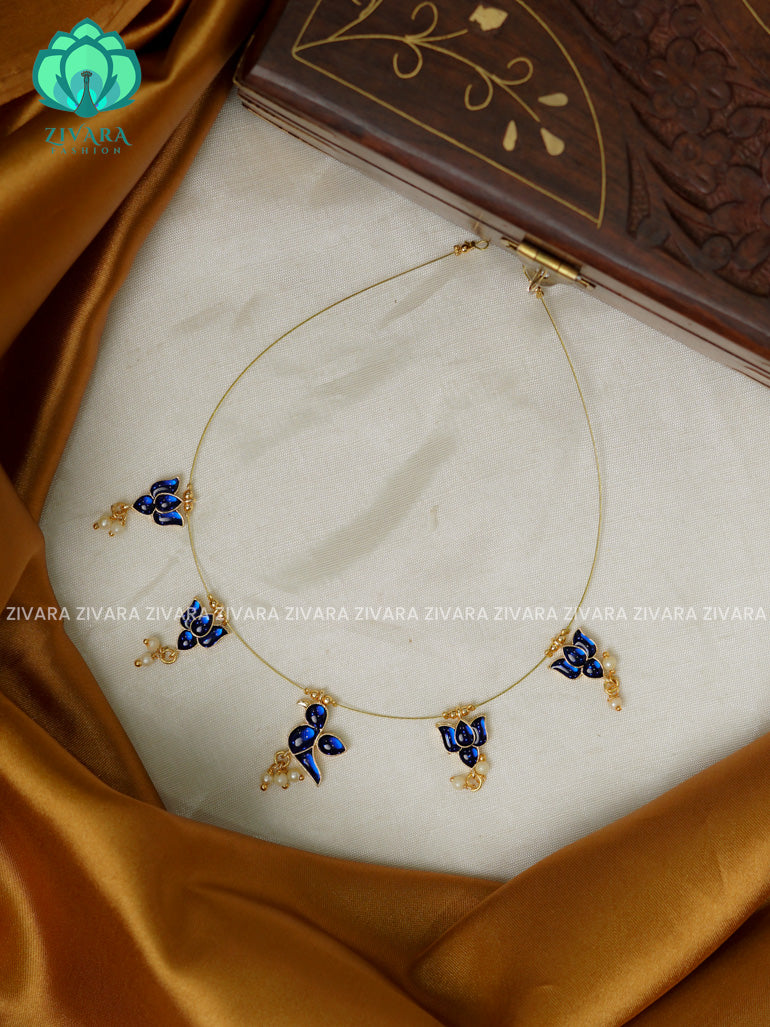 BLUE - TAMARA- PARROT AND LOTUS INVISIBLE MINIMAL ELEGANT HANDMADE NECKLACE WITH BRILLIANT FINISH MOTIFS- ZIVARA FASHION