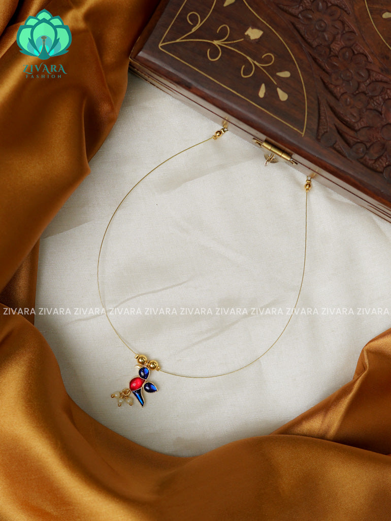 PINK AND BLUE  - TAMARA- SINGLE PARROT  INVISIBLE MINIMAL ELEGANT HANDMADE NECKLACE WITH BRILLIANT FINISH MOTIFS- ZIVARA FASHION