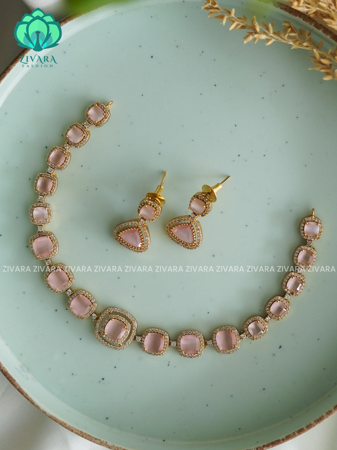 PINK stone square  - GOLD POLISH stylish and minimal elegant neckwear with earrings- Zivara Fashion