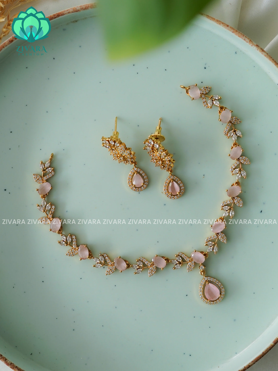 PASTEL PINK  LEAFY WHITE SMALL SIZE KIDS FRIENDLY  - stylish and minimal elegant neckwear with earrings- Zivara FashioN