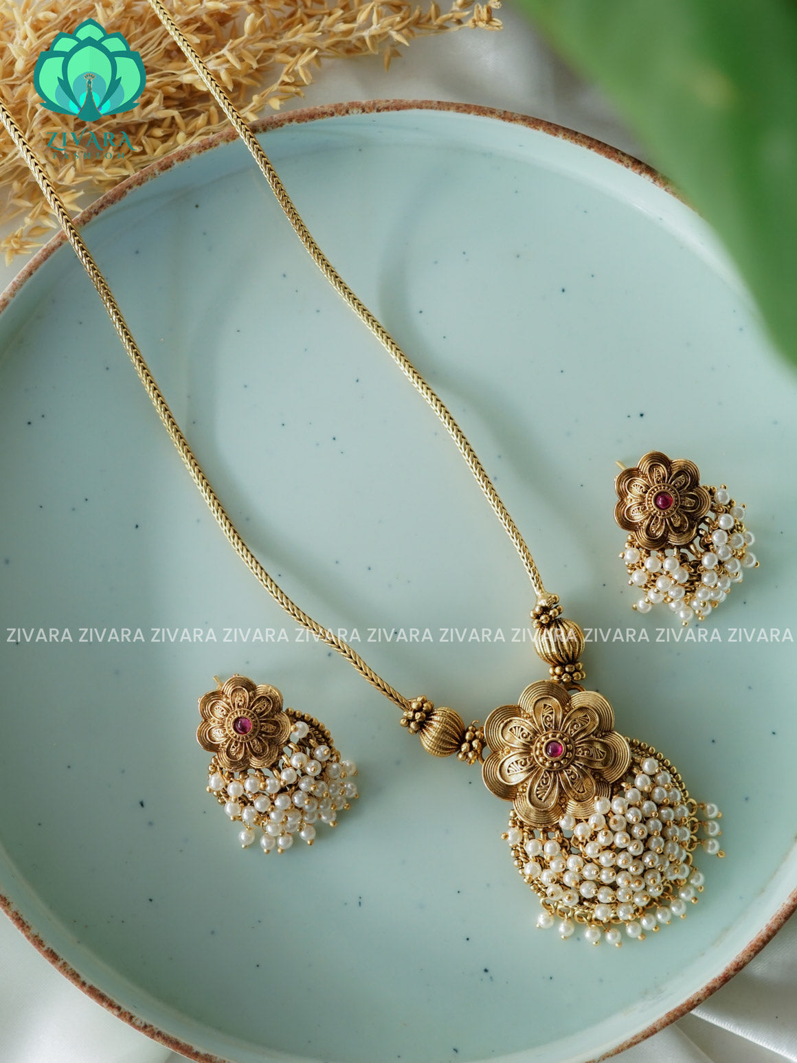 TEMPLE PEARL CLUSTER -Traditional south indian NORMAL MATTE neckwear with earrings- Zivara Fashion- latest jewellery design