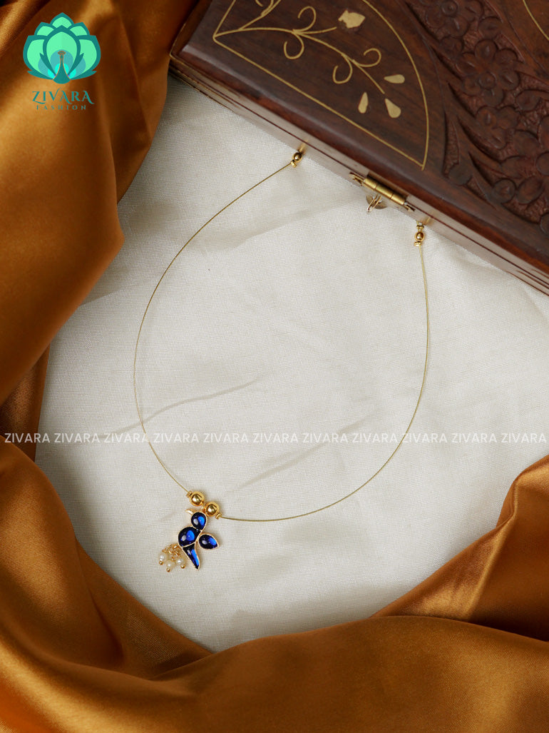 BLUE  - TAMARA- SINGLE PARROT  INVISIBLE MINIMAL ELEGANT HANDMADE NECKLACE WITH BRILLIANT FINISH MOTIFS- ZIVARA FASHION