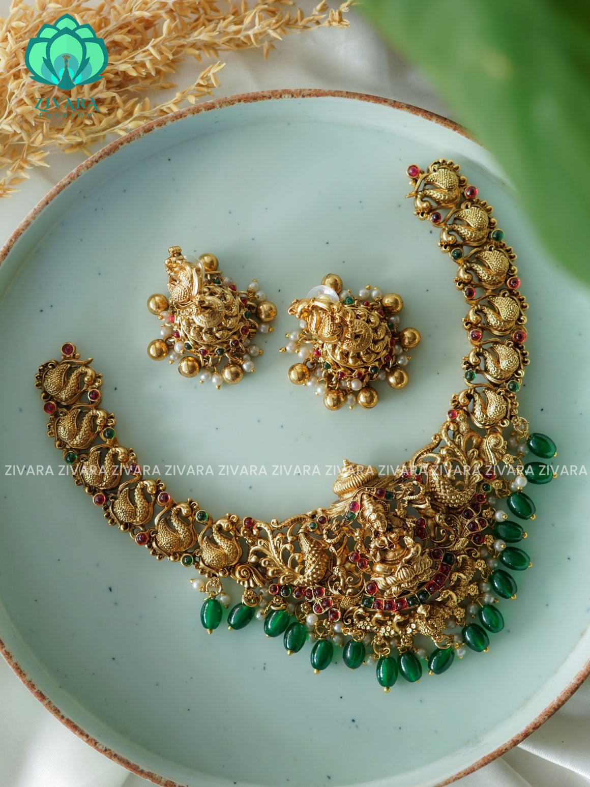 TEMPLE HEAVY BRIDAL    - Traditional south indian NORMAL MATTE neckwear with earrings- Zivara Fashion- latest jewellery design